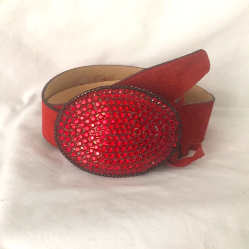 Y2k vintage red suede belt with large red rhinestone buckle.